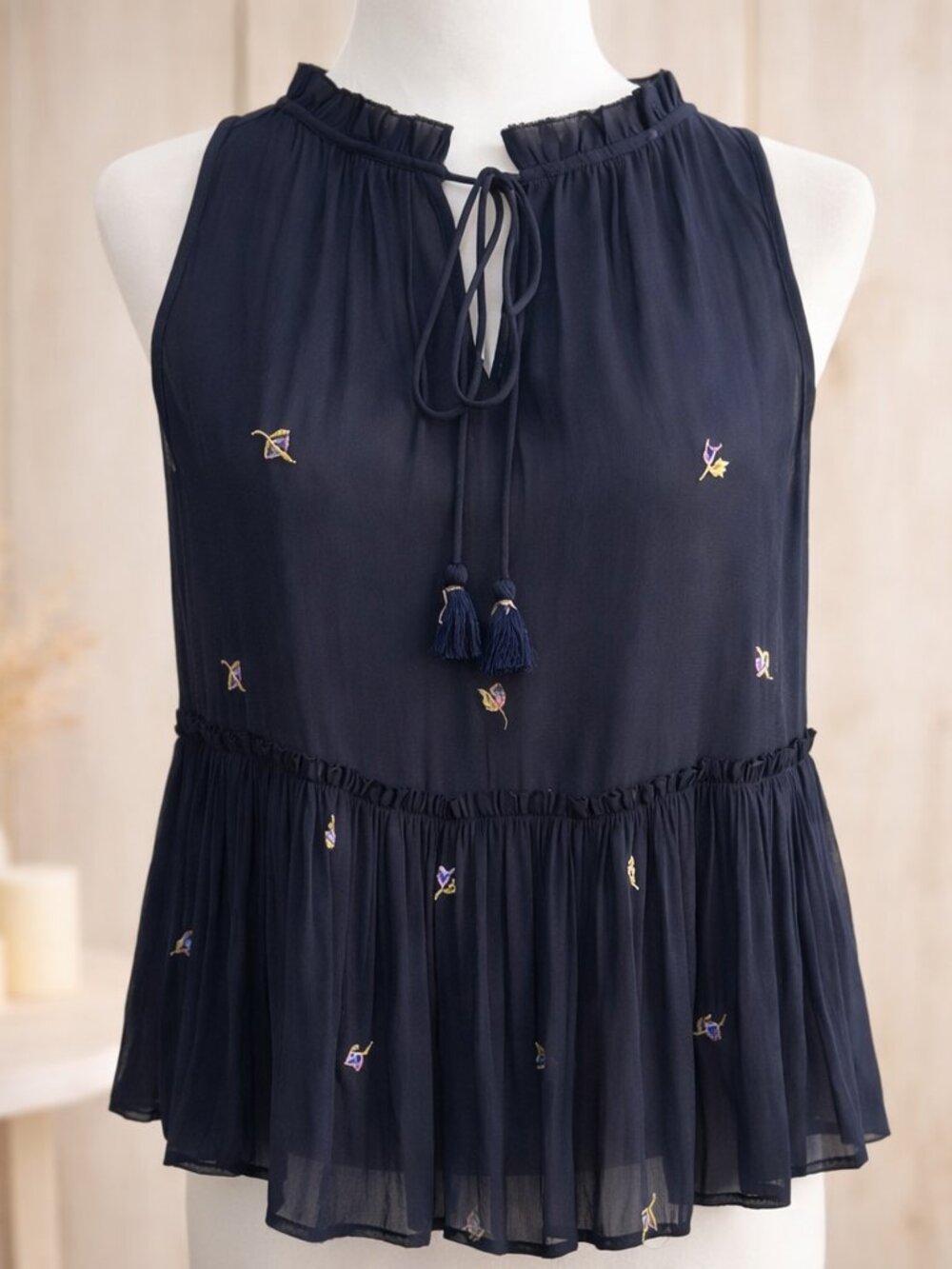 Ethereal Navy Ruffle‑Neck Romantic Loose Fit Sheer Sleeveless Blouse Cottagecore